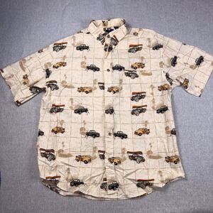 Puritan Mens Large Tan Cotton Short Sleeve Button Shirt Vintage Woodie‎ Truck